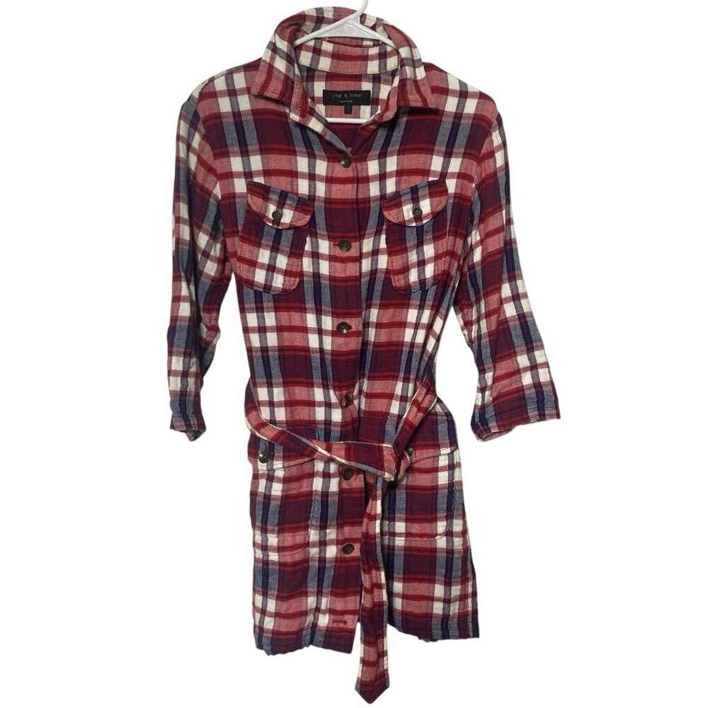 RAG & BONE Flannel Plaid Tie Waist Shirt Dress Long Sleeve Women’s 4 Red Blue